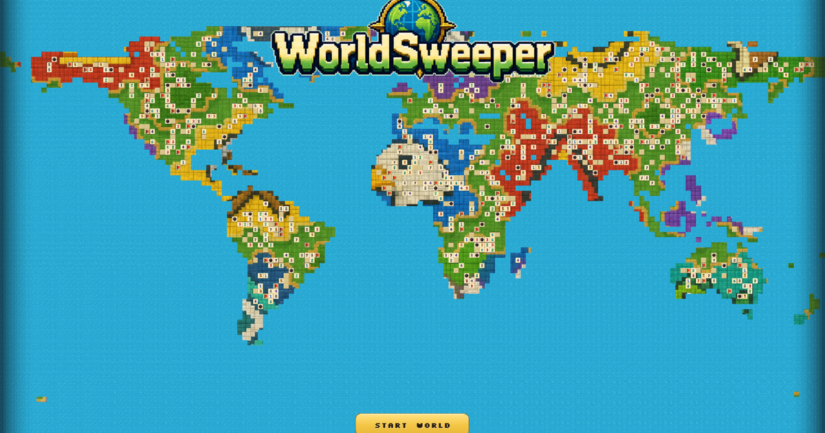 WorldSweeper — a shared Minesweeper world map with revealed cells, mines, and latitude-based terrain biomes.